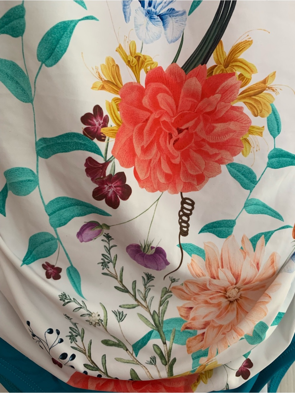 NWT Jantzen Swimsuit: 1-Piece White/Teal Multicolor Floral Top, Ruched Center 12 - Picture 6 of 15